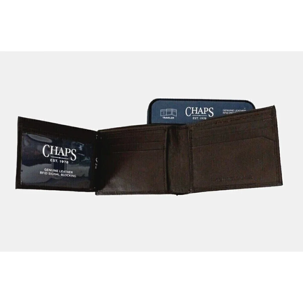 Chaps Men Dark Brown Traveler Bifold Genuine Leather Wallet RFID Protection